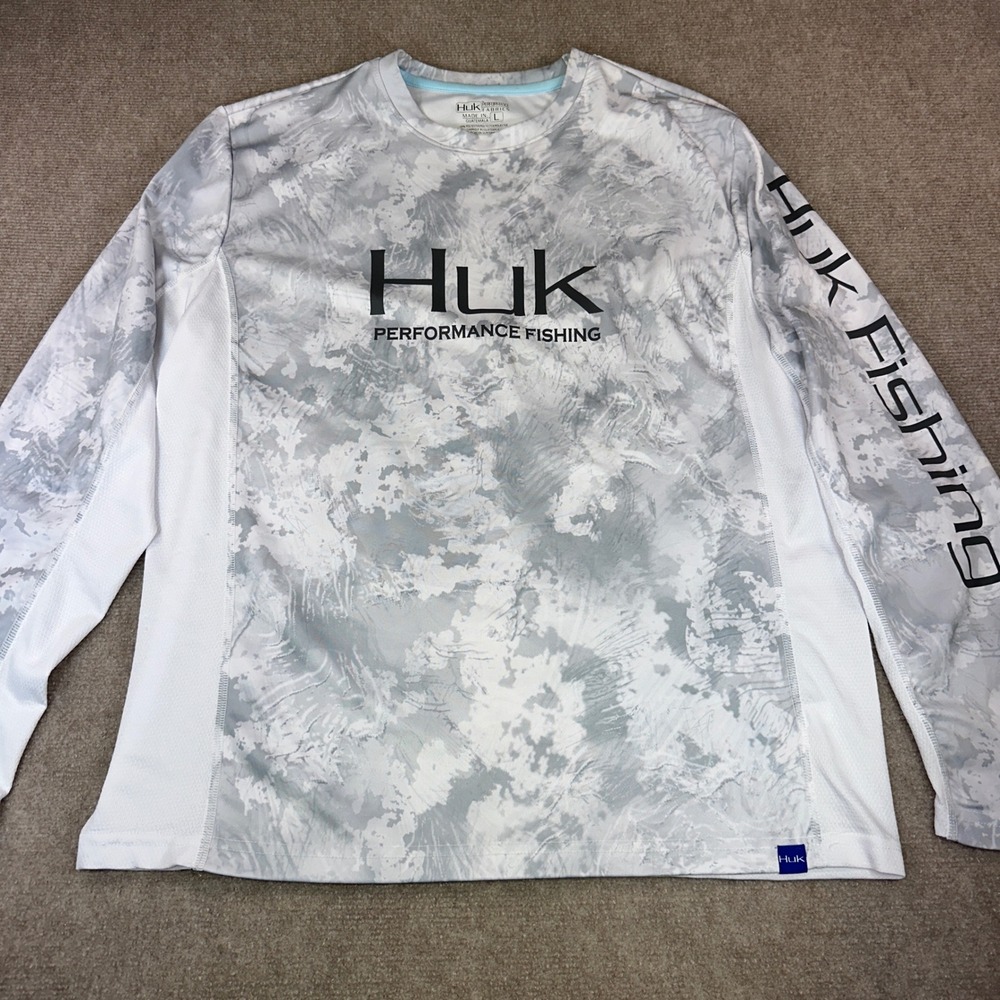 Huk Performance Fishing Shirt Mens Large Grey White Camo Long Sleeve Mesh Logo